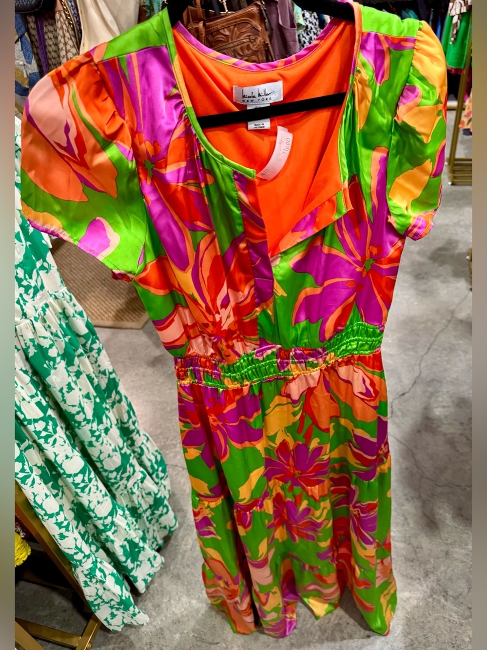 Nicole Miller Vibrant Floral Silk Blend Maxi Dress in Green, Orange, Pink